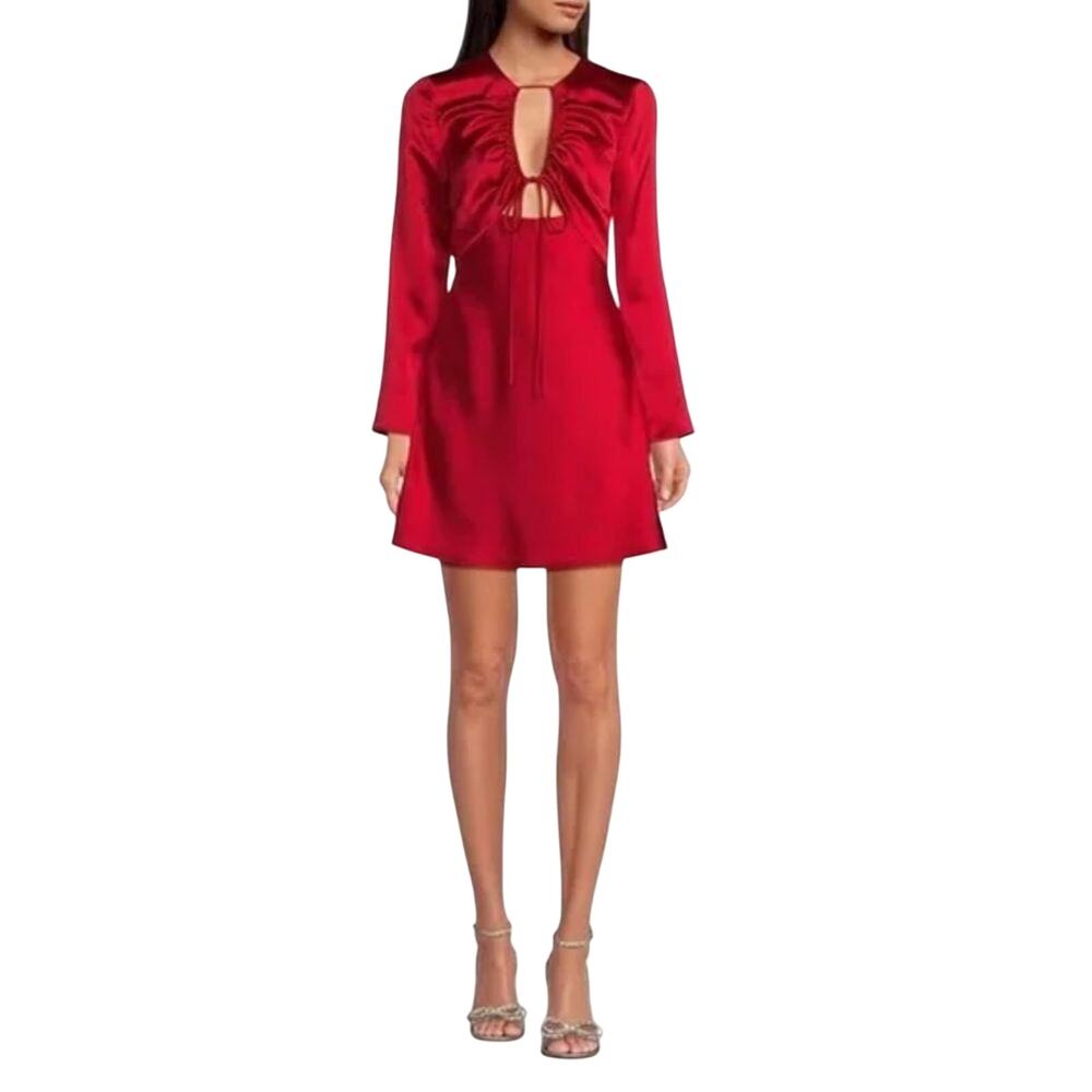 Gianni Bini Raini Satin Tie Front Long Sleeve A-Line Red Dress Size 2